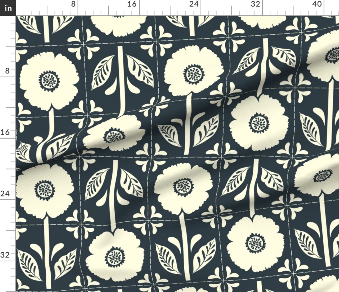 Patchwork Cheater Quilt Modern Farmhouse Scandi Bold Floral Large Scale Minimalist Wholecloth Topper Dark Blue Botanical Boho Bohemian Eclectic Custom Printed Fabric by Spoonflower Various Fabrics by the Yard or Fat Quarter